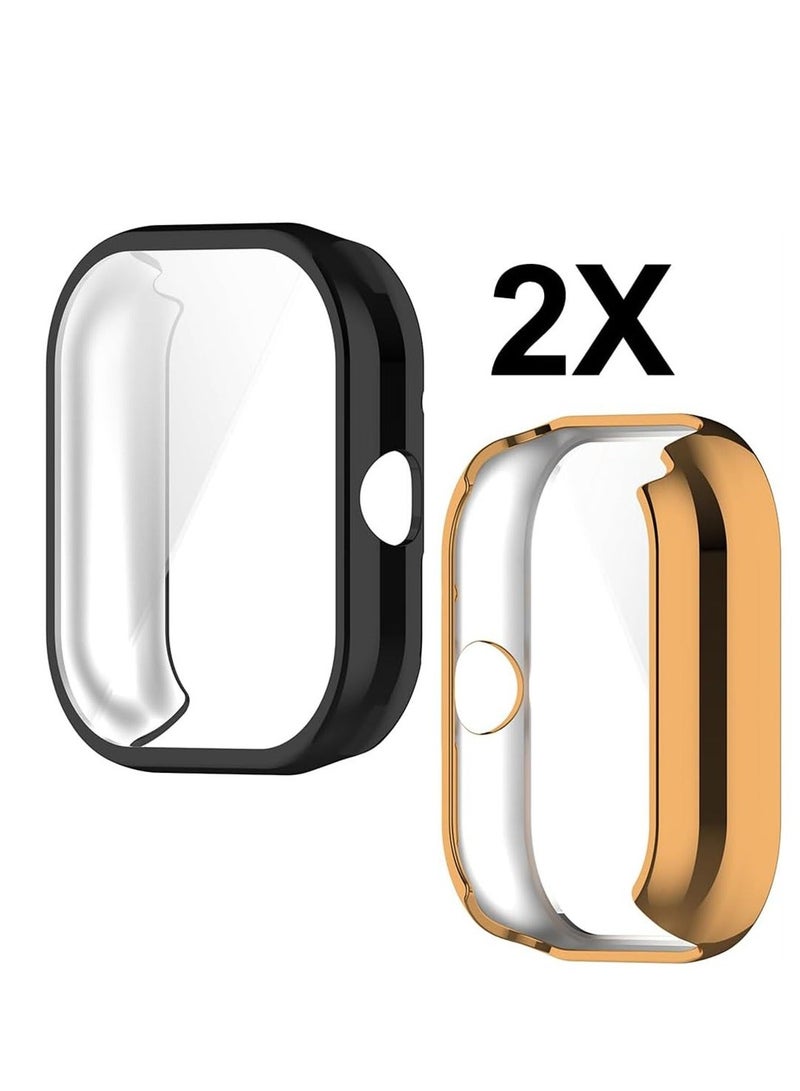 Case for Xiaomi Redmi Watch 4, Tempered Glass Screen Protector, PC Hard Case Tempered Glass Screen Protection Cover Slim Full Cover Scratch Proof Protector, 2 Pcs, Black and Gold