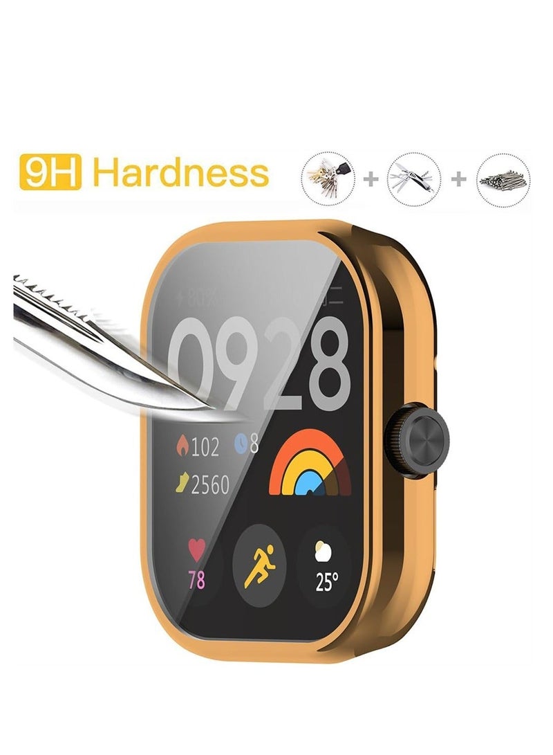 Case for Xiaomi Redmi Watch 4, Tempered Glass Screen Protector, PC Hard Case Tempered Glass Screen Protection Cover Slim Full Cover Scratch Proof Protector, 2 Pcs, Black and Gold