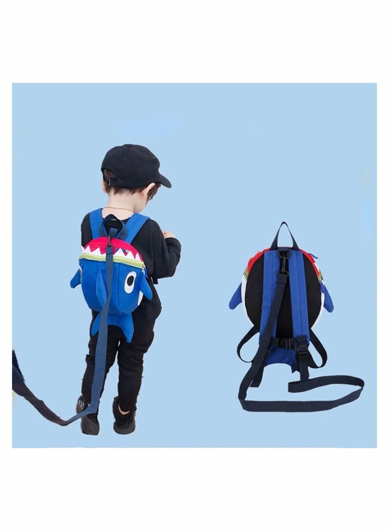 Safety Kids Leash Backpack with 2 in 1 Harness Leash Lunch Boxes Carry Bag Cute Shark for Toddlers Boys Girls Little Playful Preschool–Blue