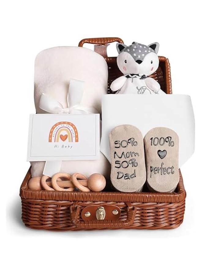 Baby Gift Basket, Newborn Gift Set with Baby Baby Rattle, Newborn Baby Gift Set, Newborn Baby Gifts, Medium Baby Gift Basket Kit for Expecting Moms（WHITE）