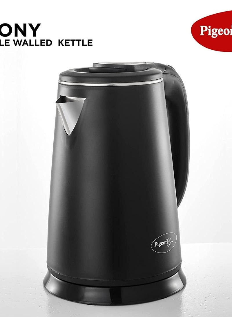 Pigeon Ebony Double Walled Cool Touch Stainless Steel Electric Kettle, 1.8 Litre, with 1500 Watt, boiler for Water, milk, tea, coffee, instant noodles, soup etc (Black), Large