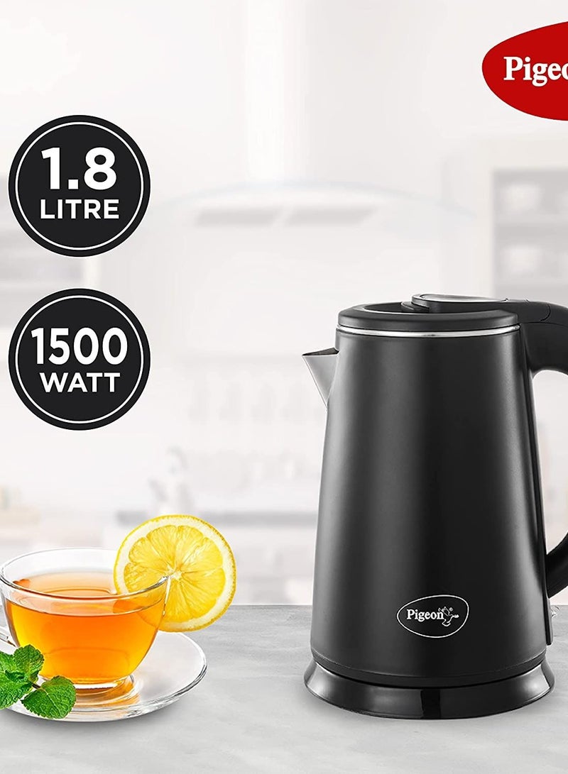 Pigeon Ebony Double Walled Cool Touch Stainless Steel Electric Kettle, 1.8 Litre, with 1500 Watt, boiler for Water, milk, tea, coffee, instant noodles, soup etc (Black), Large