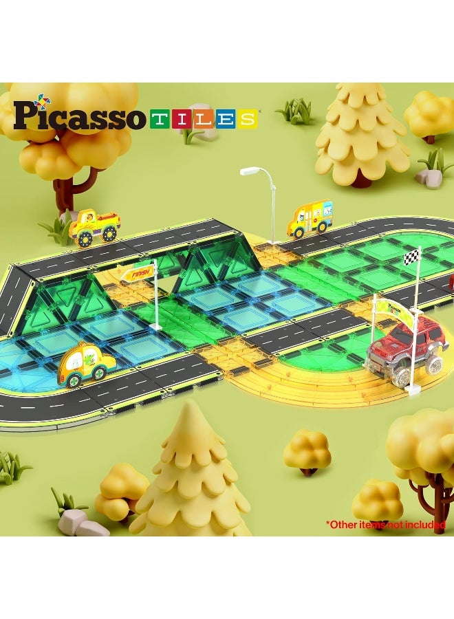 PicassoTiles Magnet Tile Car Track Adventure Theme Printed Street Road Runway Speedway Highway Magnetic Building Tiles Block Construction Pretend Play Playset STEM Education Learning Kit Kids 3+ PTE16