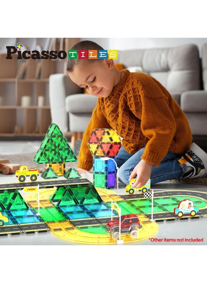 PicassoTiles Magnet Tile Car Track Adventure Theme Printed Street Road Runway Speedway Highway Magnetic Building Tiles Block Construction Pretend Play Playset STEM Education Learning Kit Kids 3+ PTE16