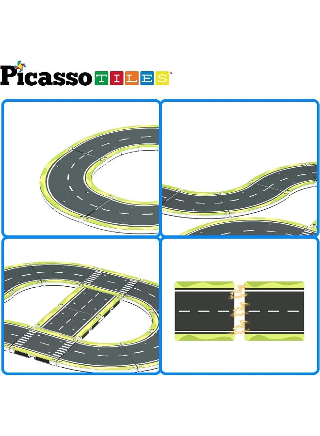 PicassoTiles Magnet Tile Car Track Adventure Theme Printed Street Road Runway Speedway Highway Magnetic Building Tiles Block Construction Pretend Play Playset STEM Education Learning Kit Kids 3+ PTE16