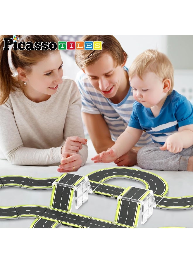 PicassoTiles Magnet Tile Car Track Adventure Theme Printed Street Road Runway Speedway Highway Magnetic Building Tiles Block Construction Pretend Play Playset STEM Education Learning Kit Kids 3+ PTE16