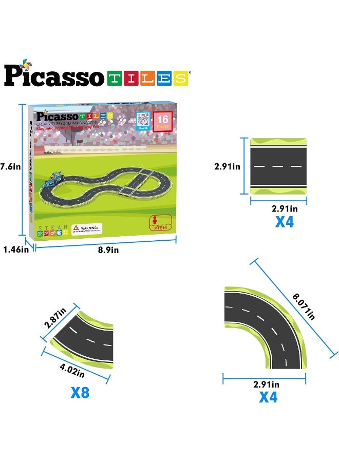 PicassoTiles Magnet Tile Car Track Adventure Theme Printed Street Road Runway Speedway Highway Magnetic Building Tiles Block Construction Pretend Play Playset STEM Education Learning Kit Kids 3+ PTE16