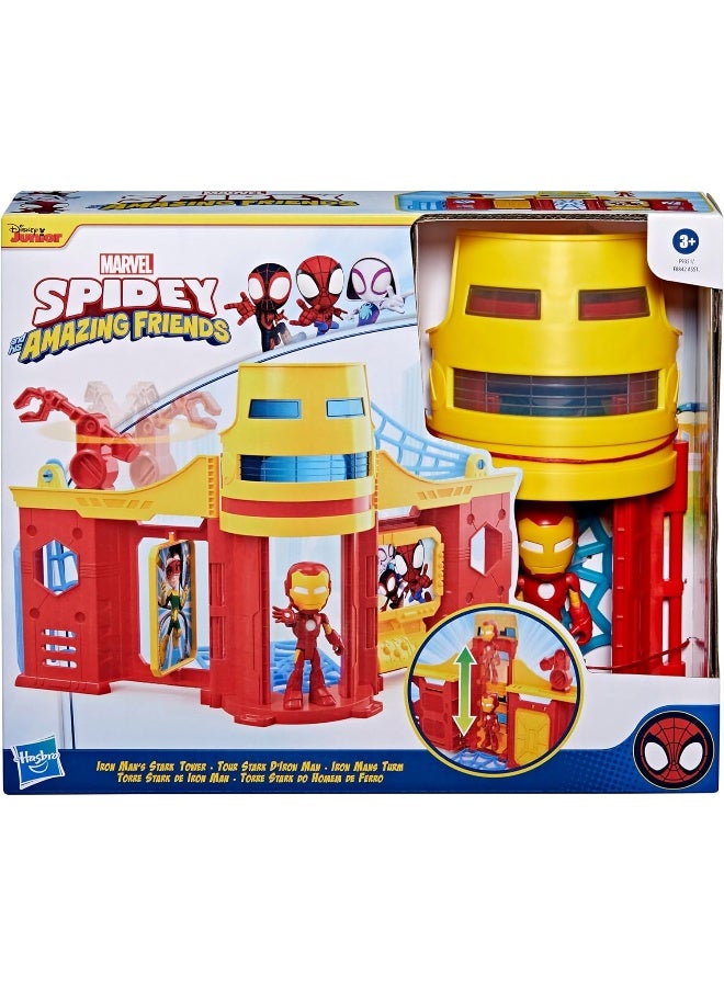 SPIDEY AND HIS AMAZING FRIENDS Stark Tower Playset, Includes 4-Inch Iron Man Action Figure, Marvel Super Hero Toys for Kids 3 and Up