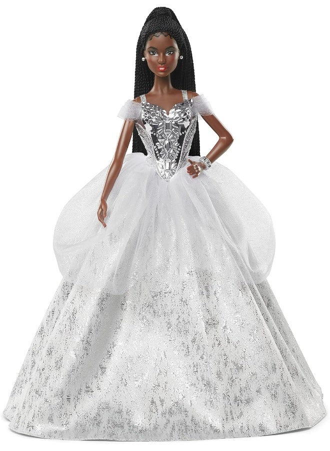 Barbie Signature 2021 Holiday Doll (12-inch, Brunette Braided Hair) in Silver Gown, with Doll Stand and Certificate of Authenticity