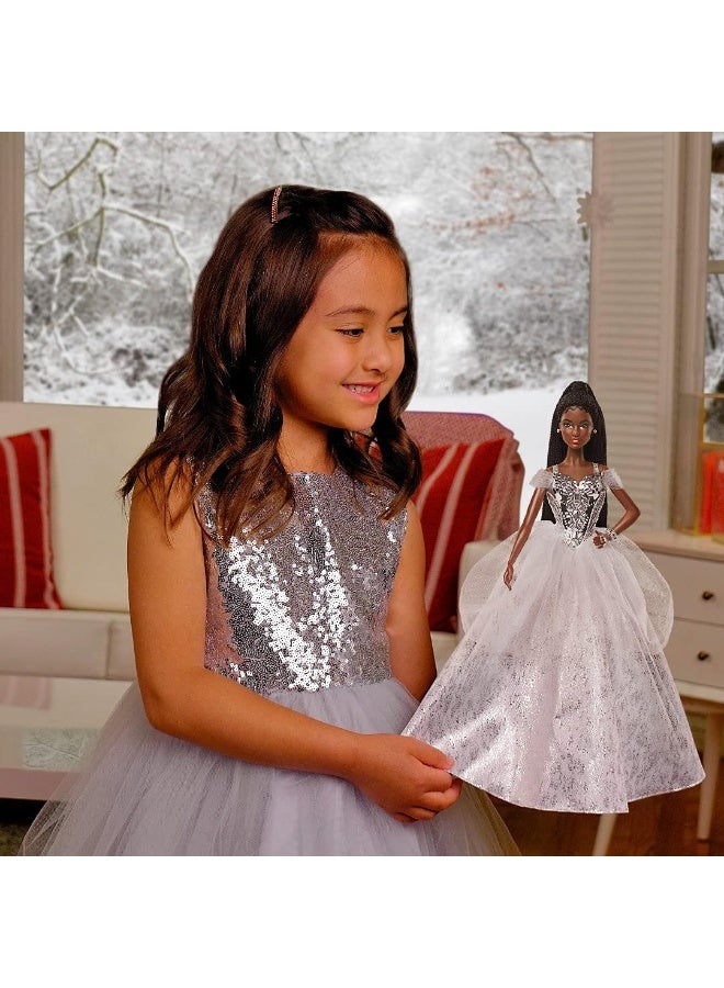 Barbie Signature 2021 Holiday Doll (12-inch, Brunette Braided Hair) in Silver Gown, with Doll Stand and Certificate of Authenticity