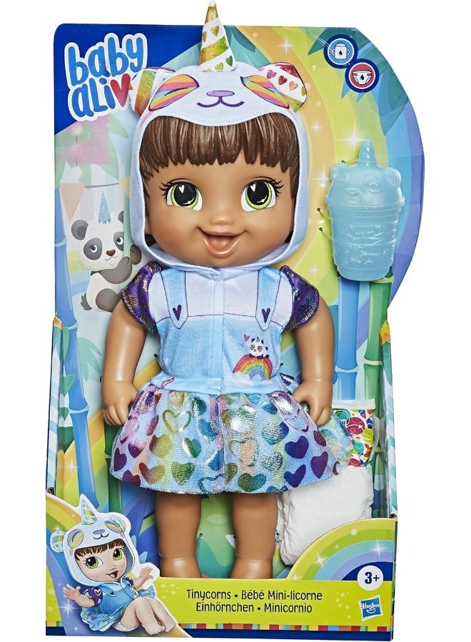 Baby Alive Tinycorns Doll, Panda Unicorn, Accessories, Drinks and Wets, Unicorn-Themed Toy for Kids Ages 3 Years and Up, Brown Hair