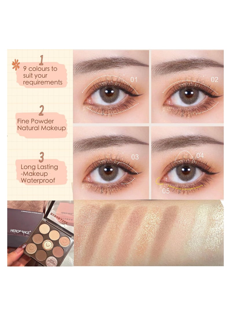 Eyeshadow Palette, Matte Shimmer Nude Eye Shadow Pallets for Women, Brown Long Lasting Shadows Palettes, Waterproof Highly Pigmented Pink Natural Look 9 Colour Eye Shadows for Makeup