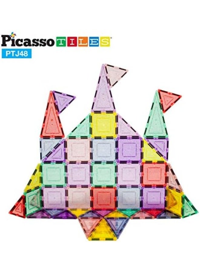 PicassoTiles 48 Piece Magnetic Blocks Magnet Tiles Magnets Building Blocks Construction Toy Set with Reflective Leaf Flakes Magnetic Building Tiles Toys STEM Learning Kit Stacking Block Playset PTJ48