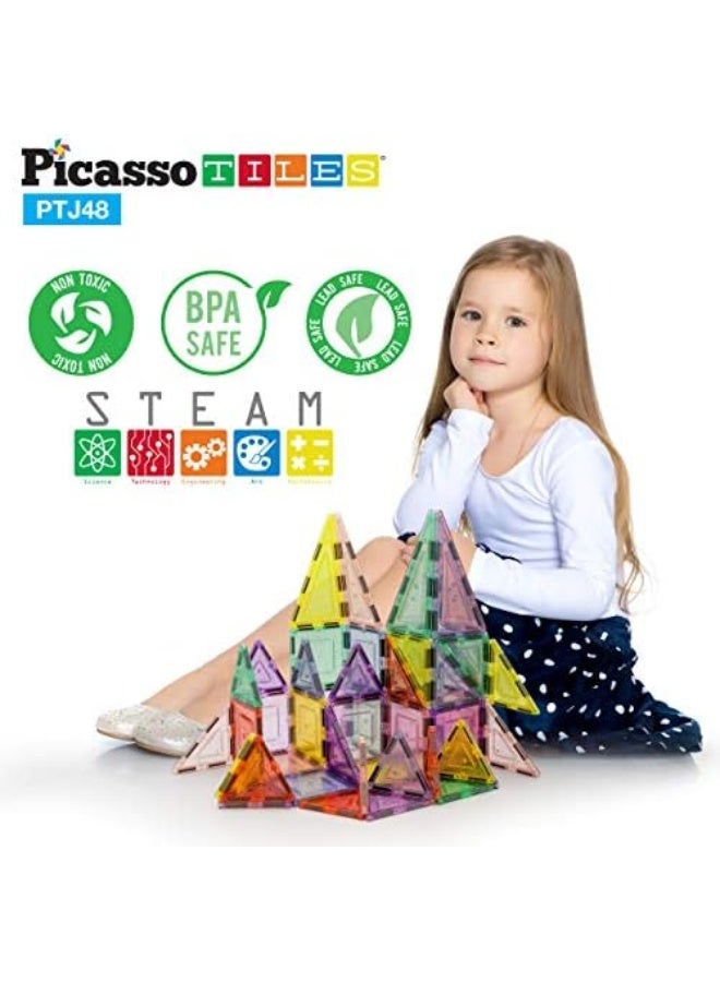 PicassoTiles 48 Piece Magnetic Blocks Magnet Tiles Magnets Building Blocks Construction Toy Set with Reflective Leaf Flakes Magnetic Building Tiles Toys STEM Learning Kit Stacking Block Playset PTJ48