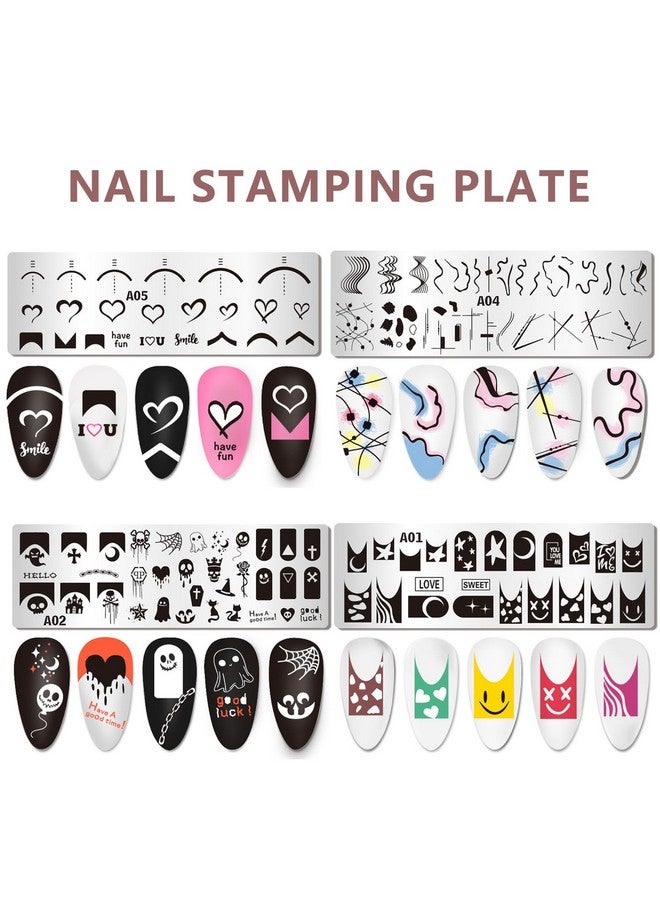 Nail Stamper Kit 8Pcs Nail Stamping Plates French Geometric Heart Star Image Nail Stencils With Silicone Stamp And Scraper For Women Girls Summer Nail Art Design Supplies Tools