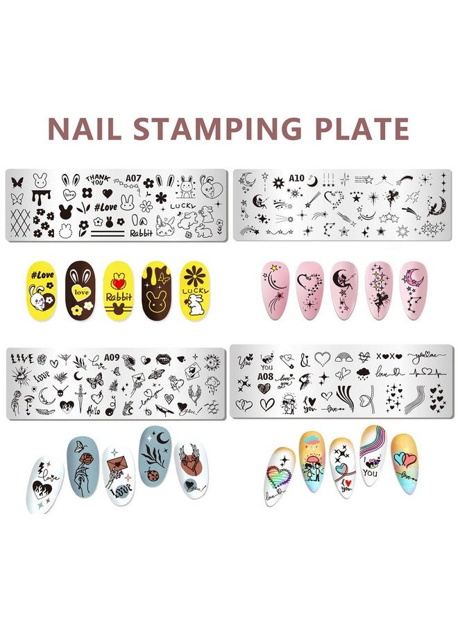 Nail Stamper Kit 8Pcs Nail Stamping Plates French Geometric Heart Star Image Nail Stencils With Silicone Stamp And Scraper For Women Girls Summer Nail Art Design Supplies Tools