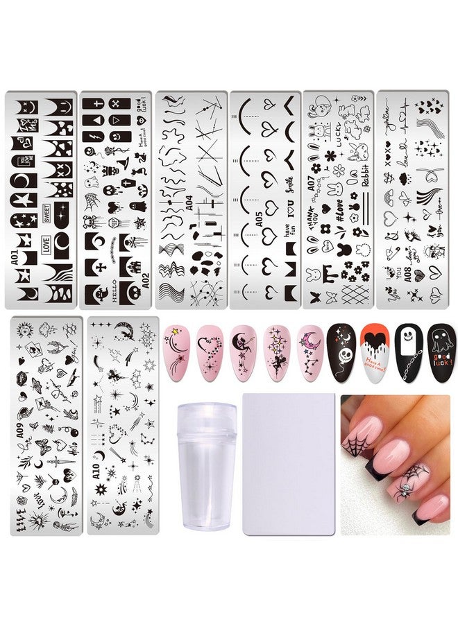 Nail Stamper Kit 8Pcs Nail Stamping Plates French Geometric Heart Star Image Nail Stencils With Silicone Stamp And Scraper For Women Girls Summer Nail Art Design Supplies Tools