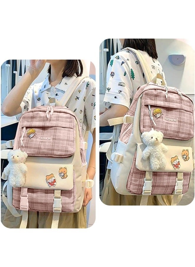 5Pcs Set Kawaii Aesthetic Backpack for Girls, Cute Sage Green Plaid Backpack Light Academia School Bookbag Lattice Laptop Bag Back to School Backpack