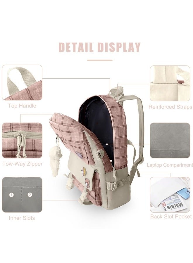 5Pcs Set Kawaii Aesthetic Backpack for Girls, Cute Sage Green Plaid Backpack Light Academia School Bookbag Lattice Laptop Bag Back to School Backpack