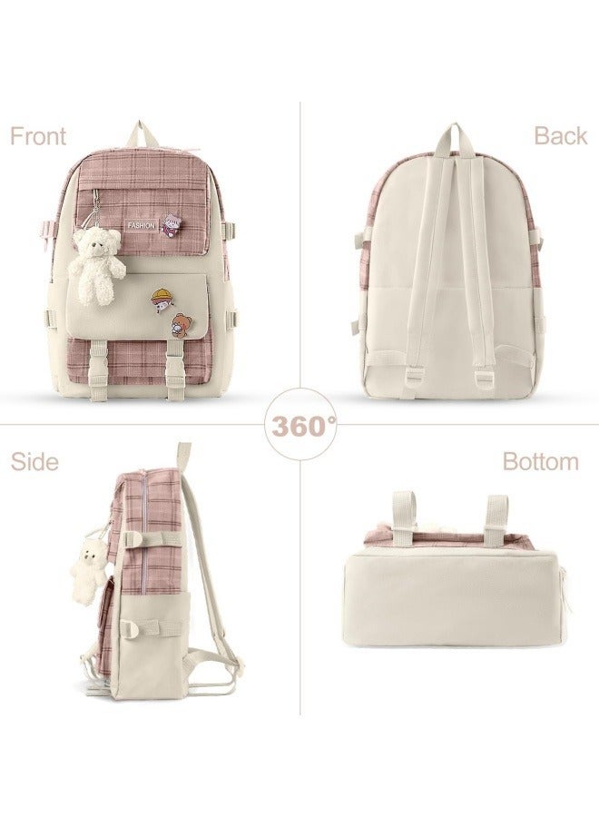 5Pcs Set Kawaii Aesthetic Backpack for Girls, Cute Sage Green Plaid Backpack Light Academia School Bookbag Lattice Laptop Bag Back to School Backpack