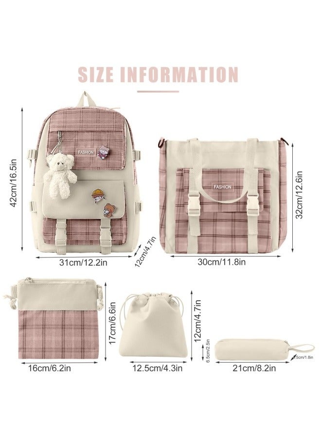 5Pcs Set Kawaii Aesthetic Backpack for Girls, Cute Sage Green Plaid Backpack Light Academia School Bookbag Lattice Laptop Bag Back to School Backpack