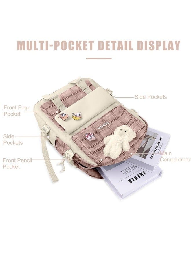 5Pcs Set Kawaii Aesthetic Backpack for Girls, Cute Sage Green Plaid Backpack Light Academia School Bookbag Lattice Laptop Bag Back to School Backpack