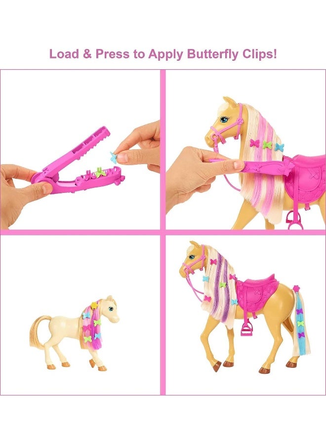 Barbie Groom 'n Care Horse Playset with Blond Doll, 2 Nodding Horses & 20+ Accessories, Style Color-Change Manes with Tool & Clips