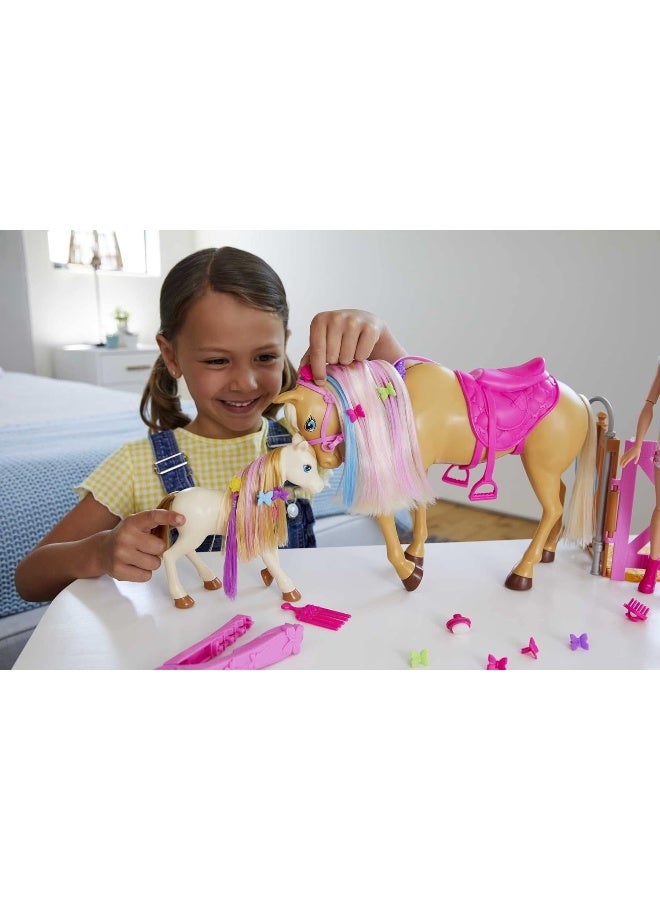 Barbie Groom 'n Care Horse Playset with Blond Doll, 2 Nodding Horses & 20+ Accessories, Style Color-Change Manes with Tool & Clips