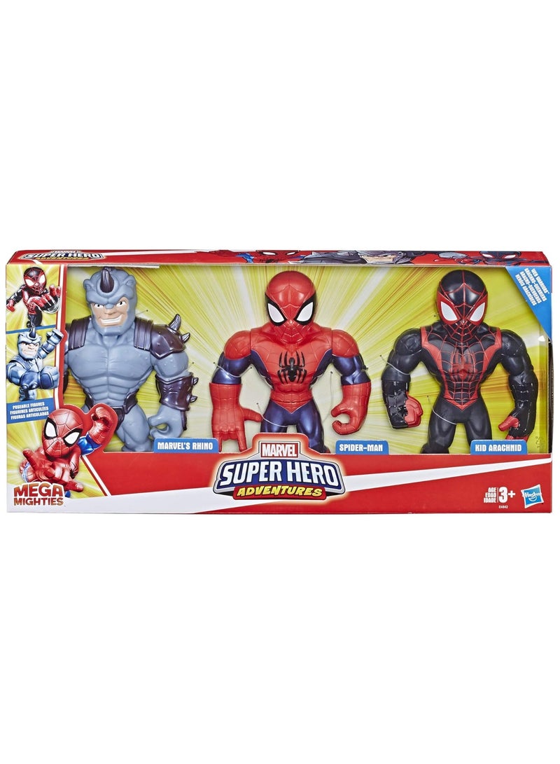 Playskool Heroes Mega Mighties Marvel Super Hero Adventures Web Warriors 3 Pack, Spider-Man, Kid Arachnid, Marvel’s Rhino, 10