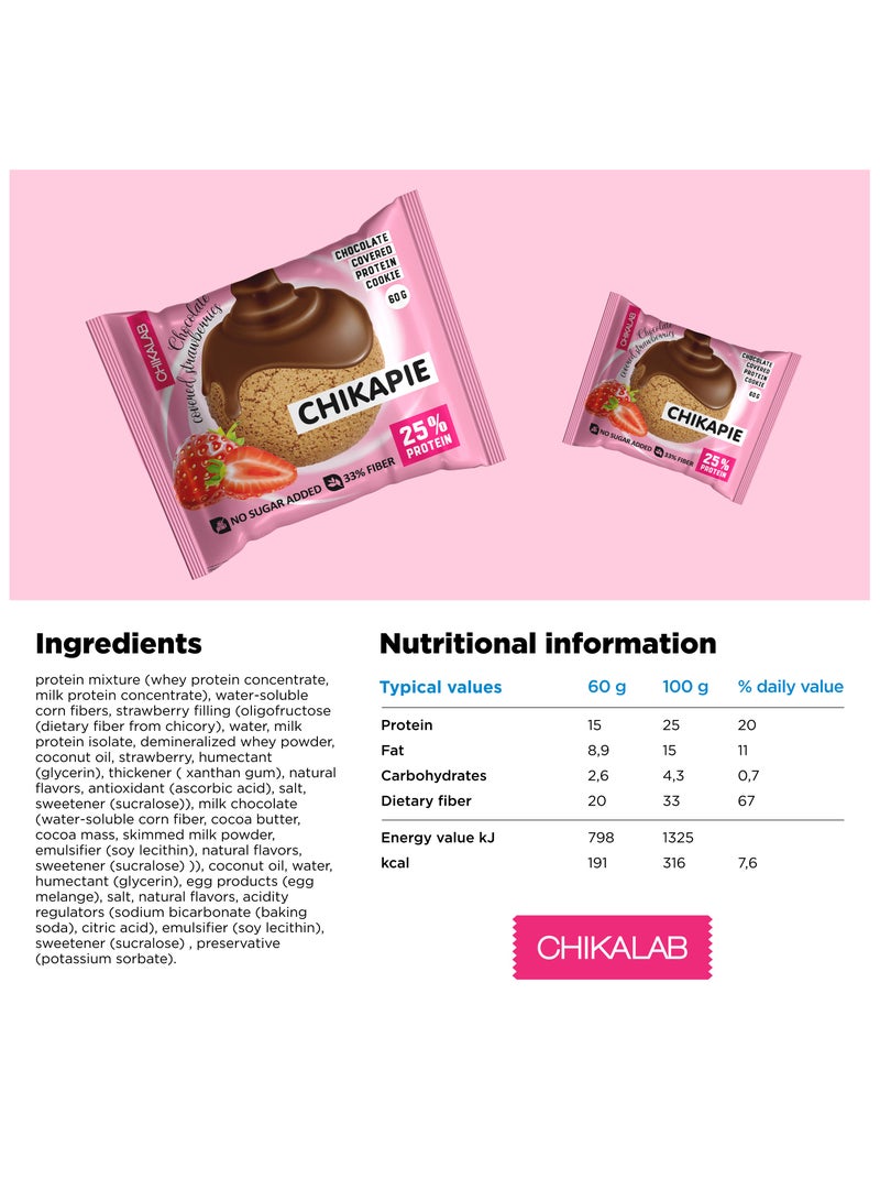 CHIKAPIE Chocolate Covered Protein Cookie with Strawberry Filling No Sugar Added 9x60g