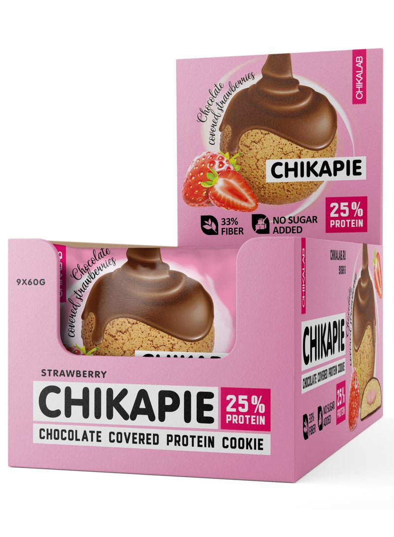 CHIKAPIE Chocolate Covered Protein Cookie with Strawberry Filling No Sugar Added 9x60g