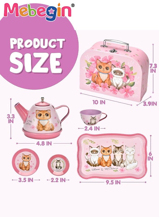 Cat Tea Party Set for Little Girls - 49pcs Pretend Play Toy, Birthday Gift for Toddlers Ages 3 4 5 6 Year Old, includes Kitten Tin Tea Set, Desserts, and Carrying Case, Cat Design