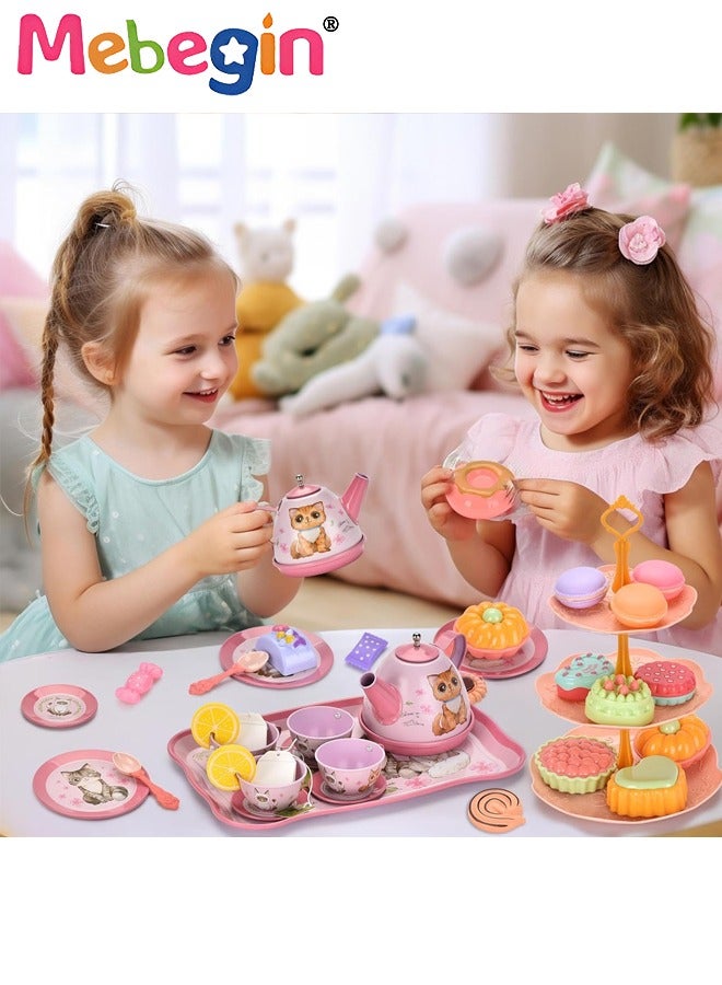 Cat Tea Party Set for Little Girls - 49pcs Pretend Play Toy, Birthday Gift for Toddlers Ages 3 4 5 6 Year Old, includes Kitten Tin Tea Set, Desserts, and Carrying Case, Cat Design