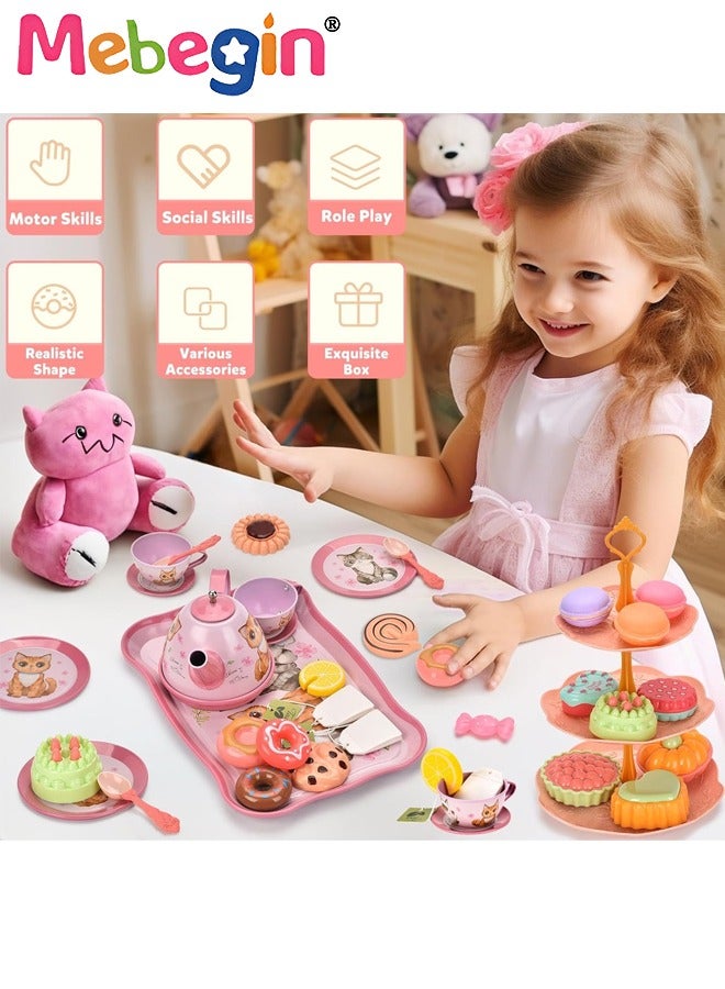 Cat Tea Party Set for Little Girls - 49pcs Pretend Play Toy, Birthday Gift for Toddlers Ages 3 4 5 6 Year Old, includes Kitten Tin Tea Set, Desserts, and Carrying Case, Cat Design