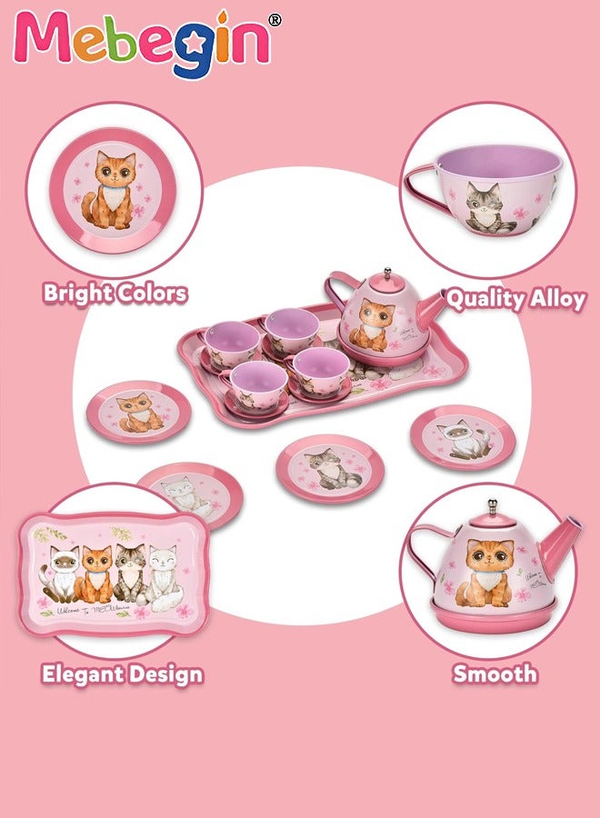 Cat Tea Party Set for Little Girls - 49pcs Pretend Play Toy, Birthday Gift for Toddlers Ages 3 4 5 6 Year Old, includes Kitten Tin Tea Set, Desserts, and Carrying Case, Cat Design