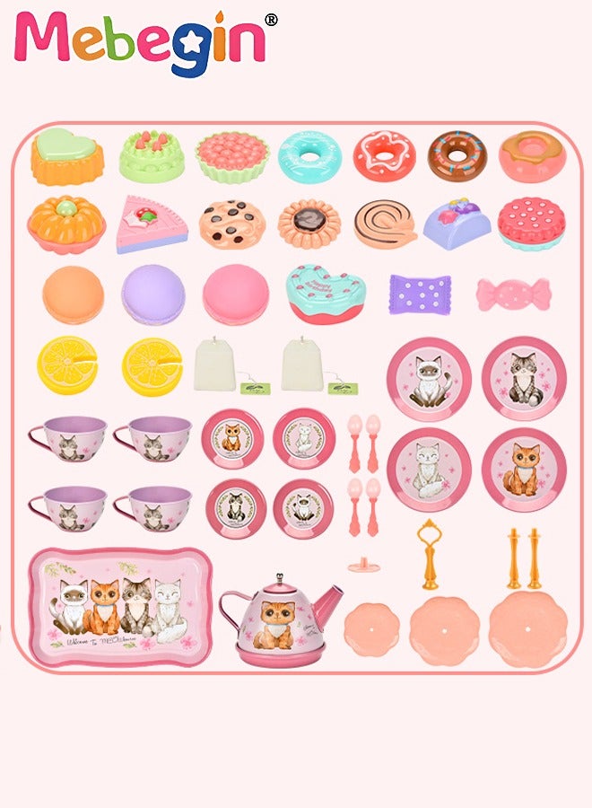 Cat Tea Party Set for Little Girls - 49pcs Pretend Play Toy, Birthday Gift for Toddlers Ages 3 4 5 6 Year Old, includes Kitten Tin Tea Set, Desserts, and Carrying Case, Cat Design