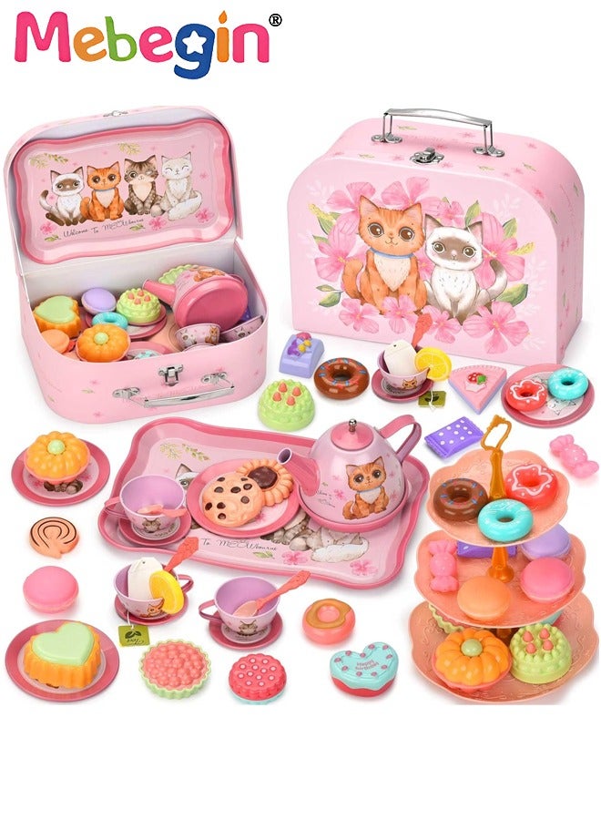 Cat Tea Party Set for Little Girls - 49pcs Pretend Play Toy, Birthday Gift for Toddlers Ages 3 4 5 6 Year Old, includes Kitten Tin Tea Set, Desserts, and Carrying Case, Cat Design
