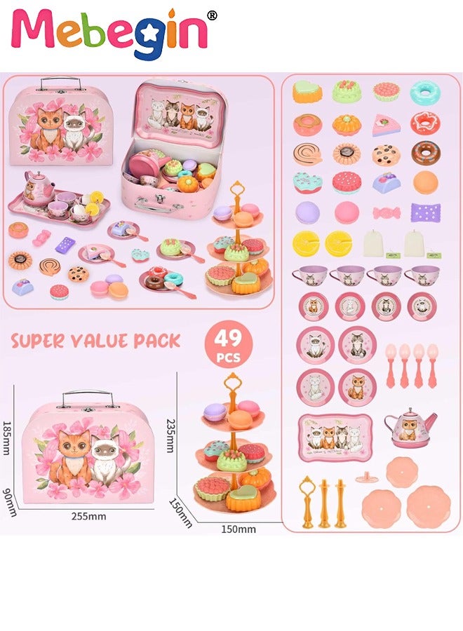 Cat Tea Party Set for Little Girls - 49pcs Pretend Play Toy, Birthday Gift for Toddlers Ages 3 4 5 6 Year Old, includes Kitten Tin Tea Set, Desserts, and Carrying Case, Cat Design