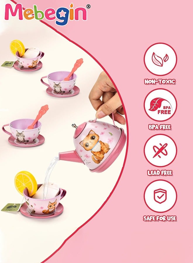 Cat Tea Party Set for Little Girls - 49pcs Pretend Play Toy, Birthday Gift for Toddlers Ages 3 4 5 6 Year Old, includes Kitten Tin Tea Set, Desserts, and Carrying Case, Cat Design
