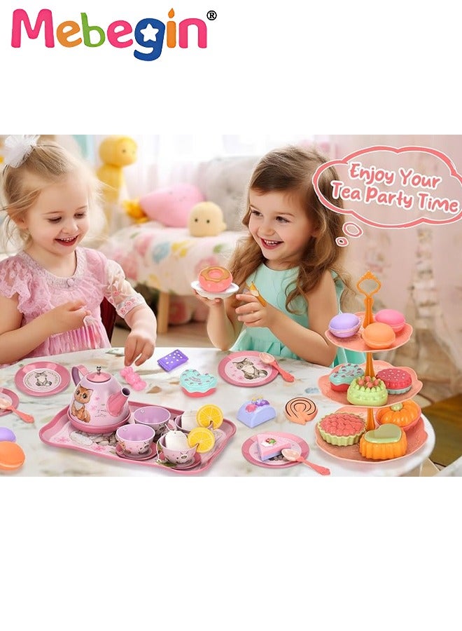 Cat Tea Party Set for Little Girls - 49pcs Pretend Play Toy, Birthday Gift for Toddlers Ages 3 4 5 6 Year Old, includes Kitten Tin Tea Set, Desserts, and Carrying Case, Cat Design