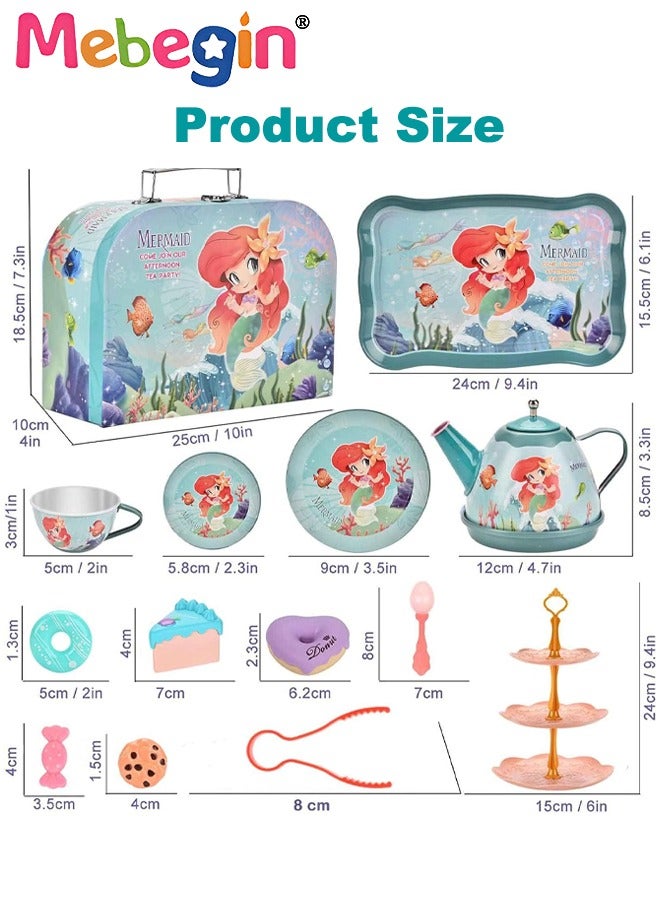 48pc Mermaid Tea Party Set for Little Girls,Birthday Gifts for Age 3 4 5 6 Year Old Girls,Pretend Tin Teapot, Cups, Plates,and Food Sweet Treats Playset for Princess Tea Time Play Kitchen Toys