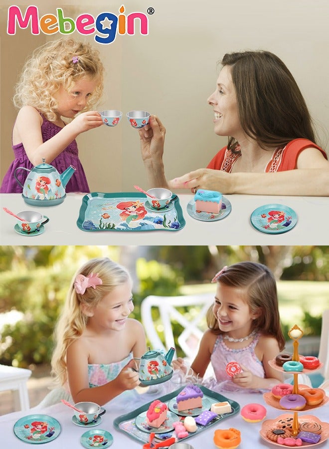 48pc Mermaid Tea Party Set for Little Girls,Birthday Gifts for Age 3 4 5 6 Year Old Girls,Pretend Tin Teapot, Cups, Plates,and Food Sweet Treats Playset for Princess Tea Time Play Kitchen Toys