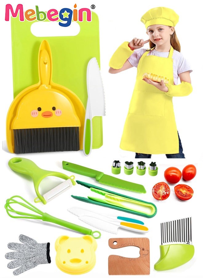 23 Pcs SafeKid Toddler Kitchen Set for Real Cooking,include Cutting Board Crinkle Cutters Cleaning Tools Apron,Montessori Kitchen Tool Toy for Girl Boy, Educational Gifts for Birthday Party