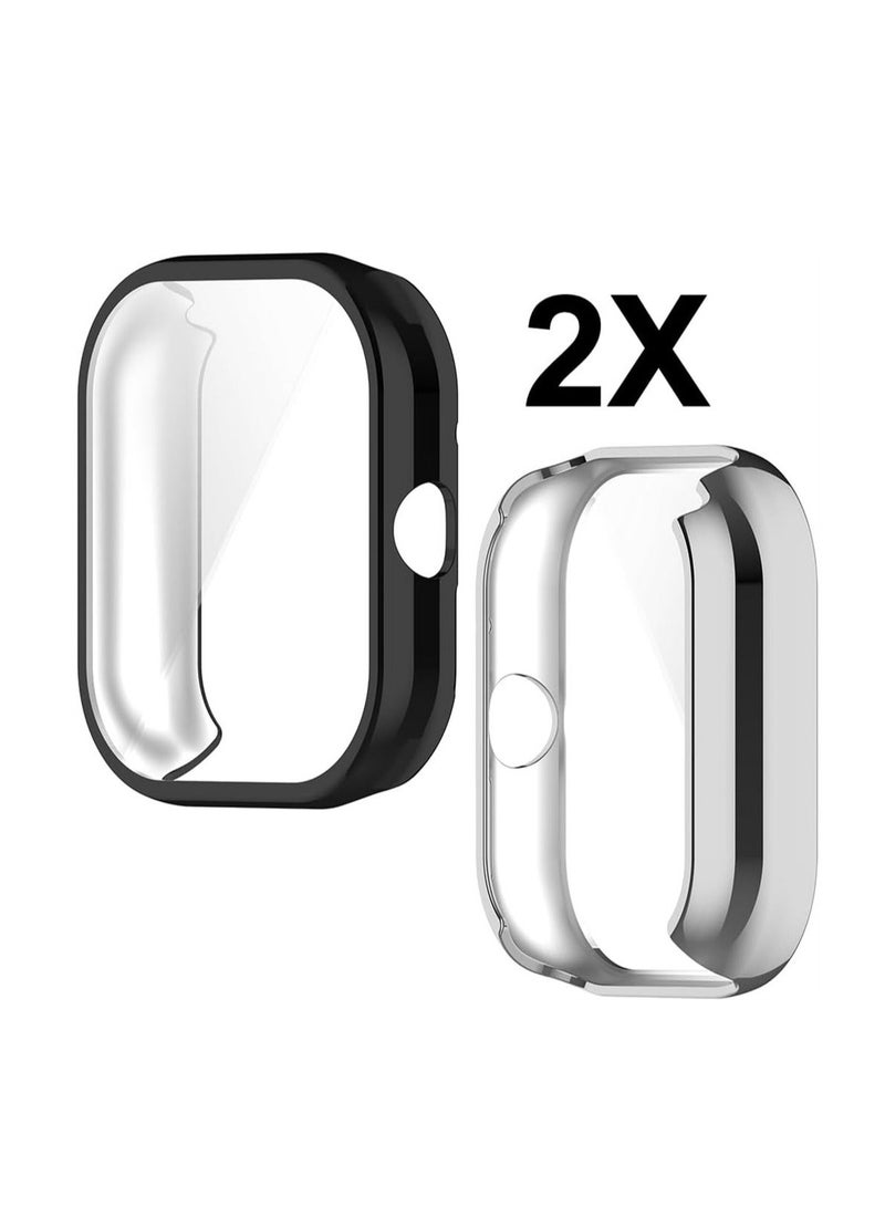 Case for Xiaomi Redmi Watch 4, Tempered Glass Screen Protector, PC Hard Case Tempered Glass Screen Protection Cover Slim Full Cover Scratch Proof Protector, 2 Pcs, Black and Silver