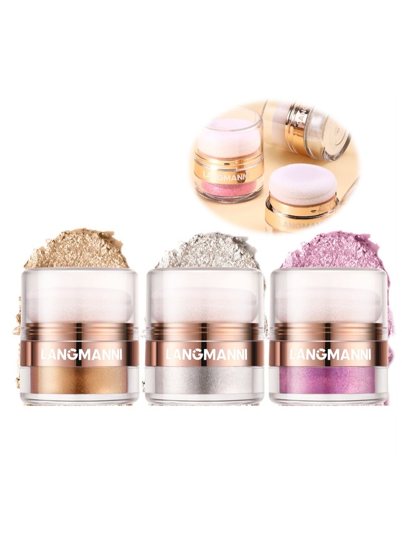 3 Colors Highlighter Powder, Shimmer Contour for Face, Eyes, Body - Smooth, Sparkling Glow (01#+02#+03#)