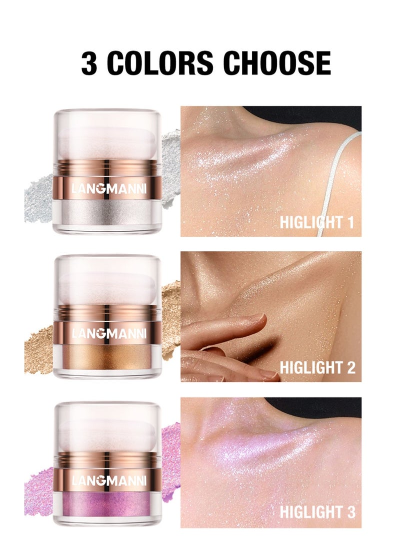 3 Colors Highlighter Powder, Shimmer Contour for Face, Eyes, Body - Smooth, Sparkling Glow (01#+02#+03#)