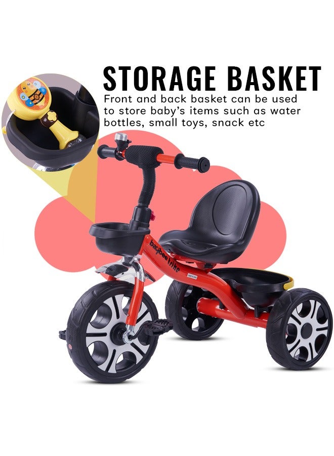 Baybee Coaster Tricycle for Kids Baby Smart Plug and Play Kids Tricycle Cycle with Front & Rear Storage Baskets 3 Wheels Tricycle Bicycle Baby Tricycle Cycle for Kids 2 to 5 Years Boy Girl Red