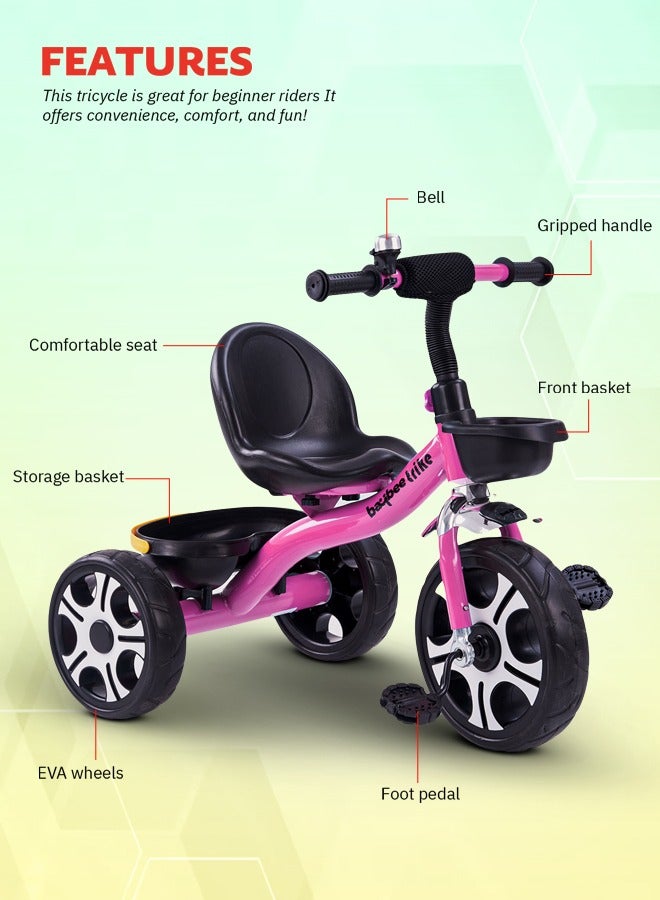 Baybee Coaster Tricycle for Kids Baby Smart Plug and Play Kids Tricycle Cycle with Front & Rear Storage Baskets 3 Wheels Tricycle Bicycle Baby Tricycle Cycle for Kids 2 to 5 Years Boy Girl Pink