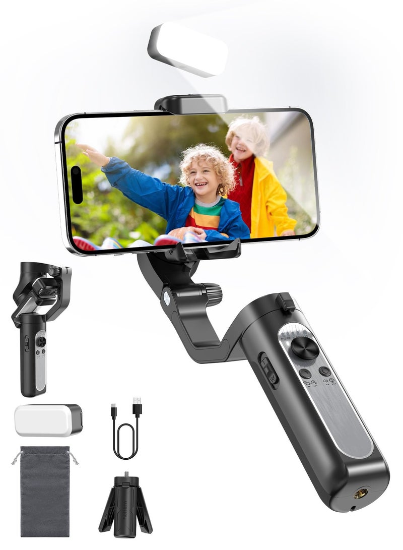 Gimbal Stabilizer for Smartphone, 3-Axis Gimbal for iPhone Android with Magnetic Adjustable Fill Light,Foldable Stabilizer for One-Key Inception for Youtuber,Vlog,Video Record