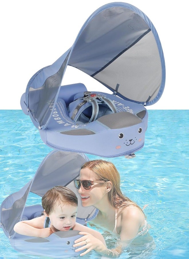 Baby swimming float Baby Pool Float 3 Months-4 Years Baby Float with Canopy Tail and Harness Non-Inflatable Infant Pool Float with Sunshade Waterproof and Quick Drying Suitable for Pool (Blue)
